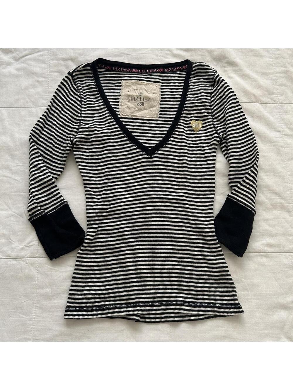 Liz Lisa Doll Black Ivory Striped Rib Knit V Neck Top Japan Size XS